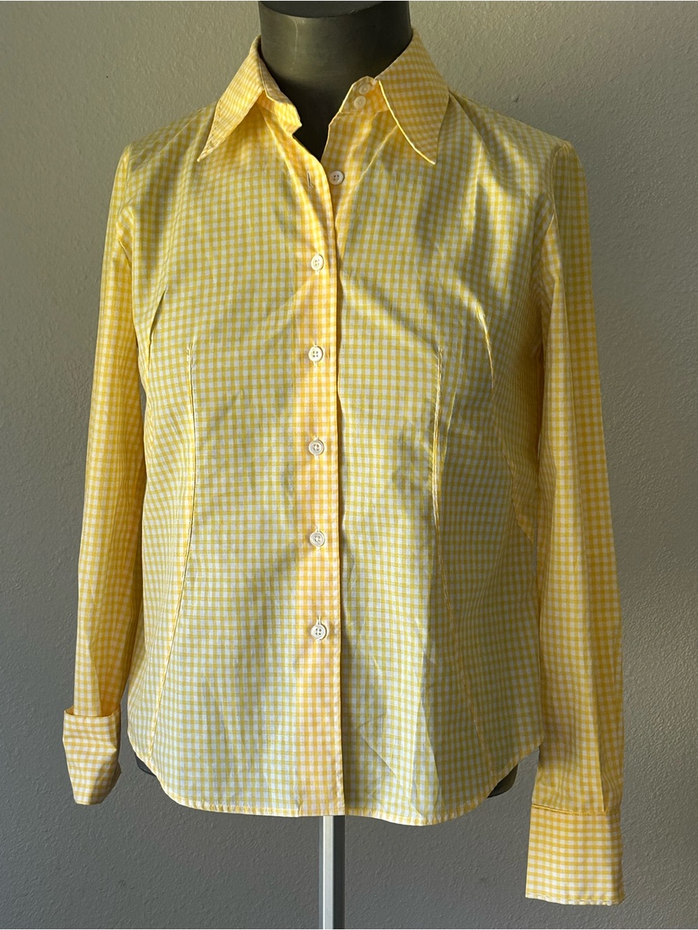 Façonnable Women's Cotton Yellow White Gingham Long Duo Sleeve Button-Down Shirt